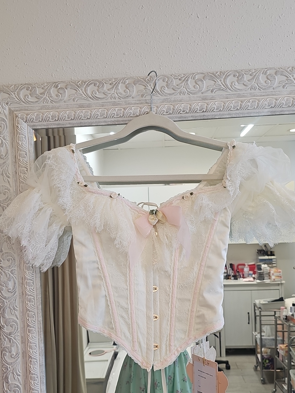 Lace Off-Shoulder Corset Top in White and Pale Pink